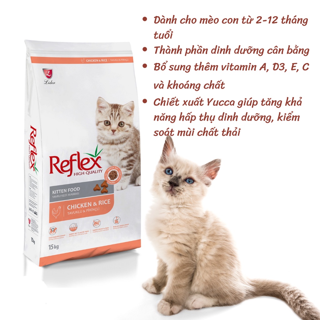 Hạt khô REFLEX cho Mèo Con và Mèo Lớn vị thịt gà và gạo - Thức ăn cho mèo con túi 1kg