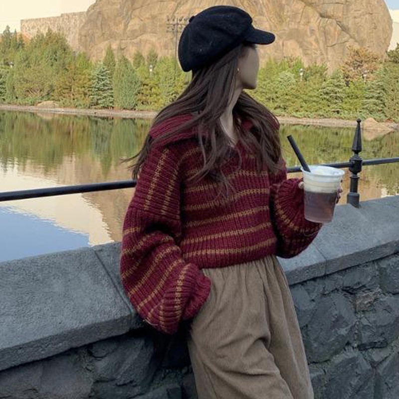 Áo sweater dệt kim IELGY họa tiết kẻ sọc thời trang cho nữ