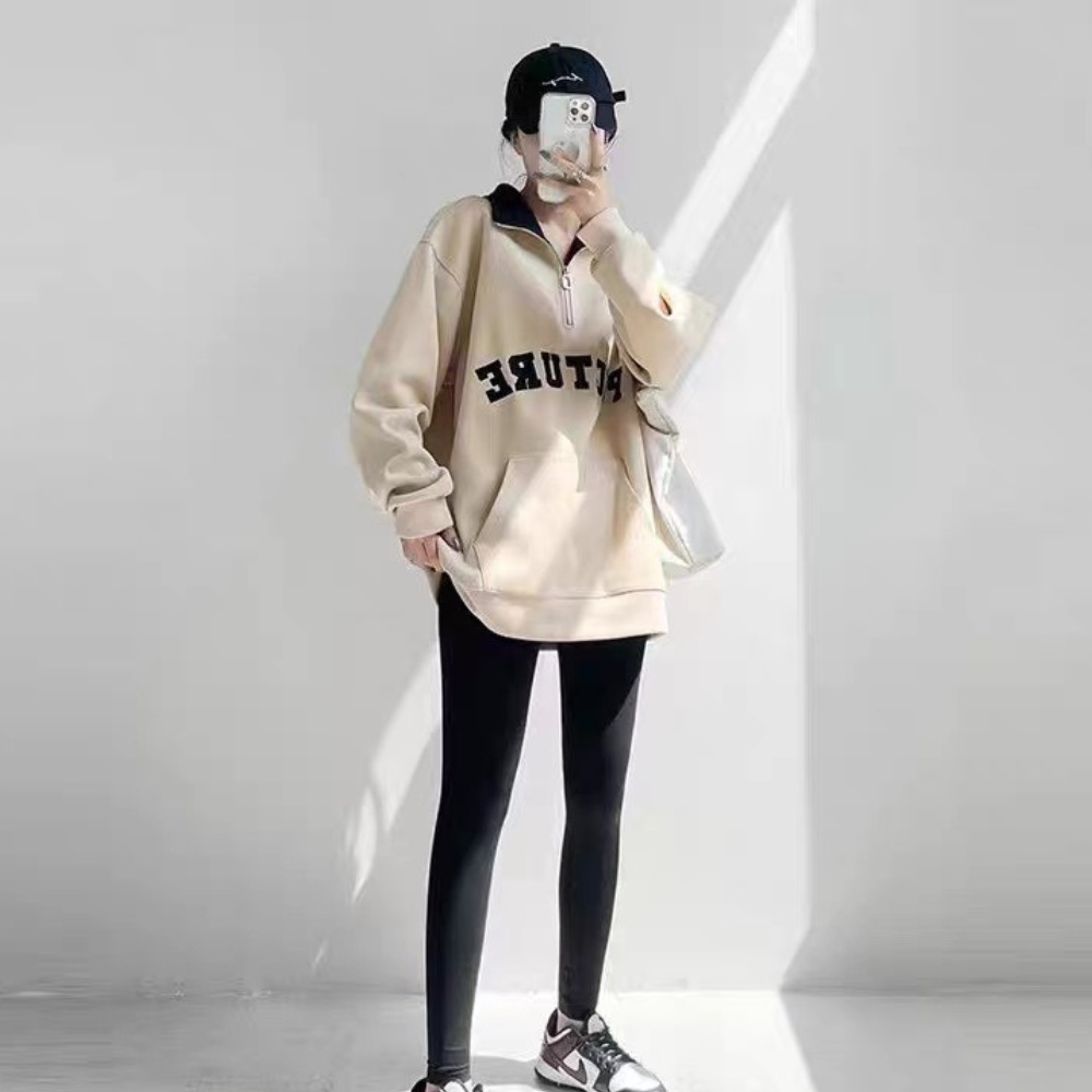 Áo sweater Polo dài tay unisex dáng rộng có khóa kéo lửng, Áo nỉ nữ cao cấp màu be măc tôn da