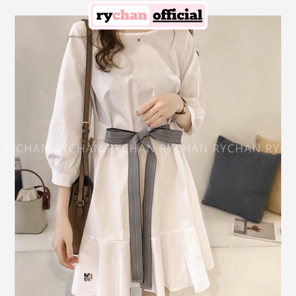 Đầm Xòe Trắng Tay Phồng Đuôi Cá Nơ Eo Dễ Thương - DX248