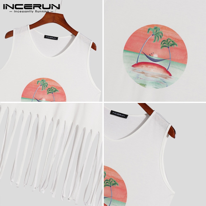 INCERUN Áo Thun Ba Lỗ Sát Nách Cổ Tròn Phối Tua Rua Thời Trang Mùa Hè Cho Nam