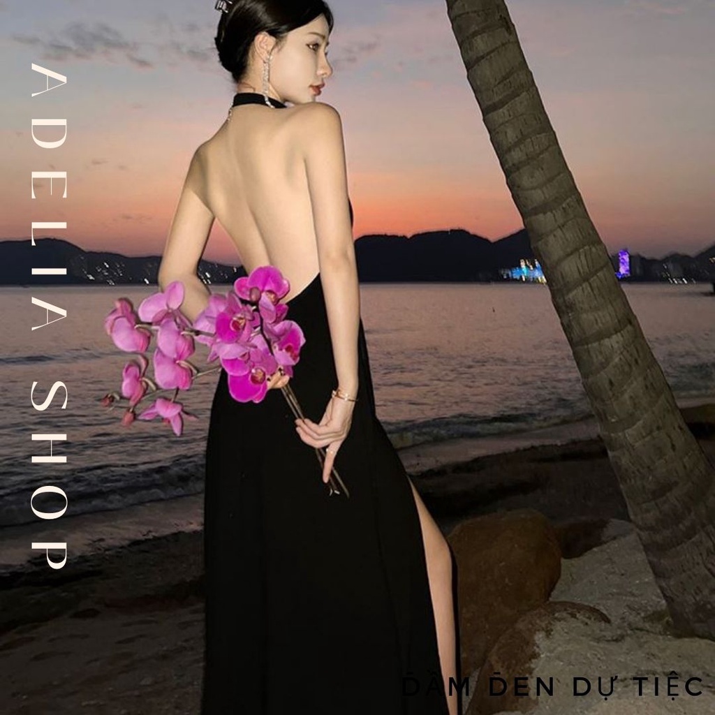 𝑹𝒐𝒔𝒂 𝑩𝒍𝒂𝒄𝒌 | Đầm Đen Dự Tiệc Khoét Lưng Xẻ Đùi Cao Sexy, Đầm Dự Tiệc Màu Đen Sang Trọng Quyến Rũ 2022