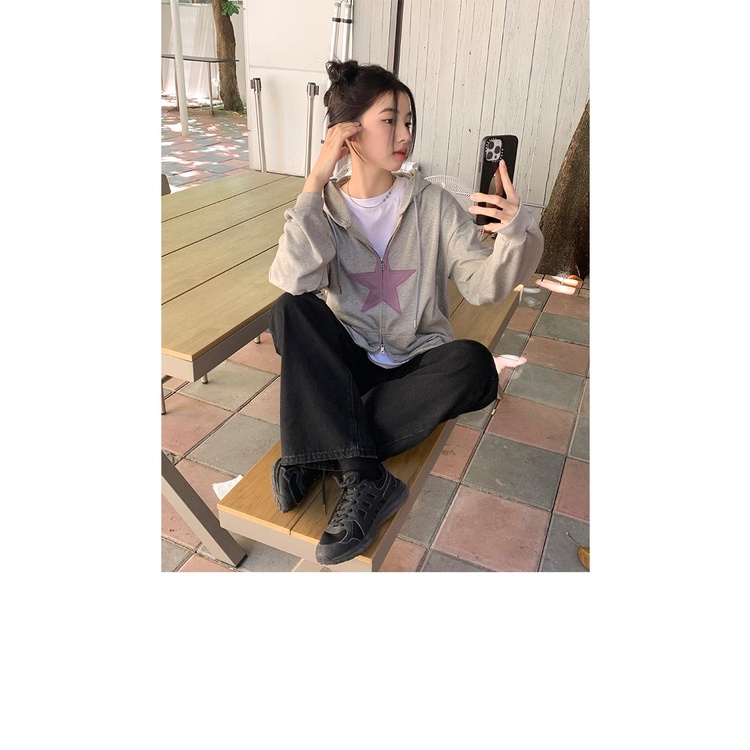 ZHELIHANGFEI Áo Hoodie Tay Dài Họa Tiết Ngôi Sao Theo Phong Cách Preppy Theo Phong Cách Mỹ Dễ Phối Đồ