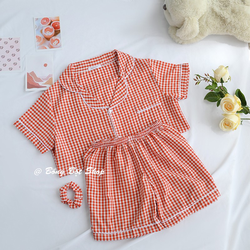 BỘ ĐỒ NGỦ MẶC NHÀ THÔ KẺ CARO HOT TREND 2021 (TẶNG KÈM SCRUNCHIES)
