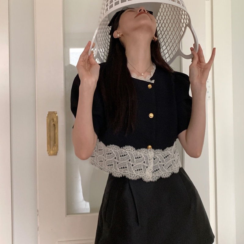 Áo kiểu SUXI ngắn tay phối ren màu sắc đơn giản phong cách Hàn Quốc