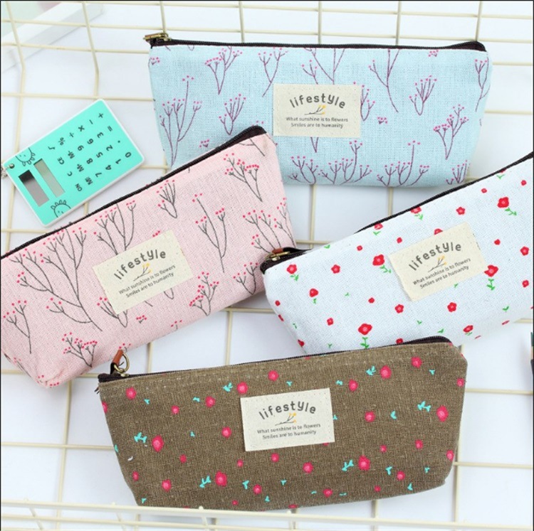 Túi Đựng Bút Bằng Vải Canvas In Họa Tiết Hoa Cỏ Xinh Xắn