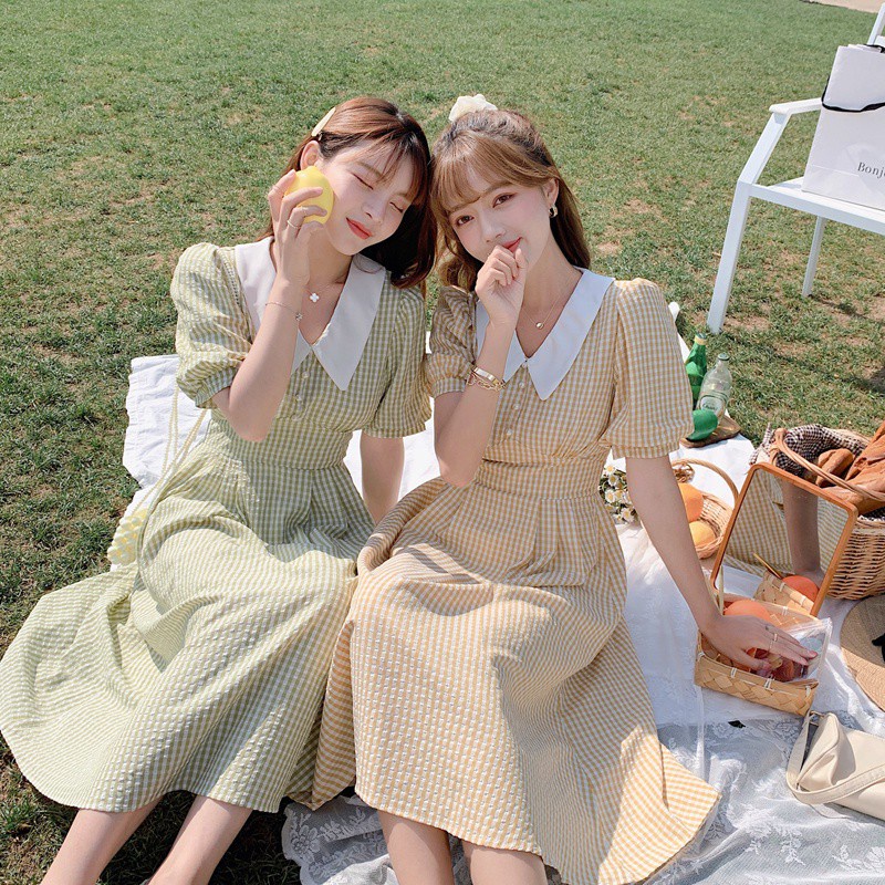 Đầm dài cổ chữ V ngắn tay họa tiết kẻ sọc ca rô thời trang 44719