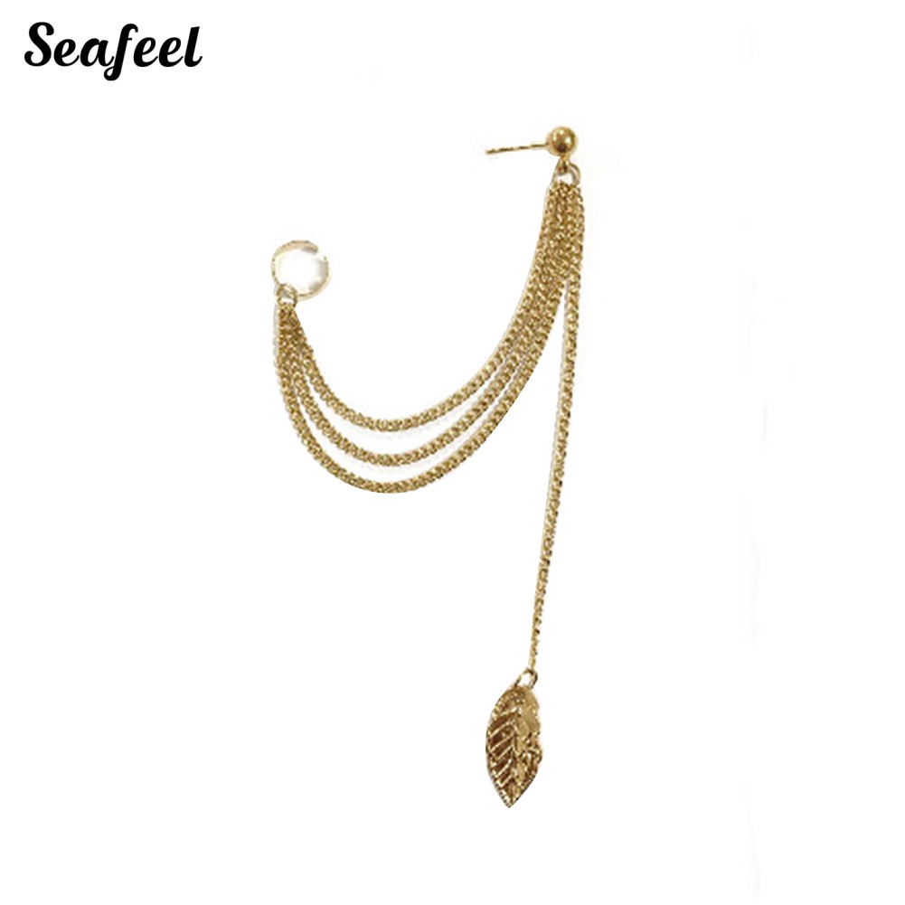 Bông tai xỏ lỗ tua rua dáng dài kiểu mặt hình chiếc lá phá cách cho nữ