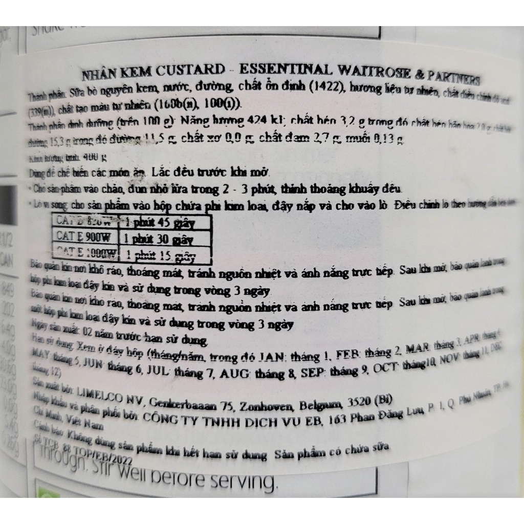 [Hộp 400g] NHÂN KEM SỮA CUSTARD [Belgium] WAITROSE (atp)