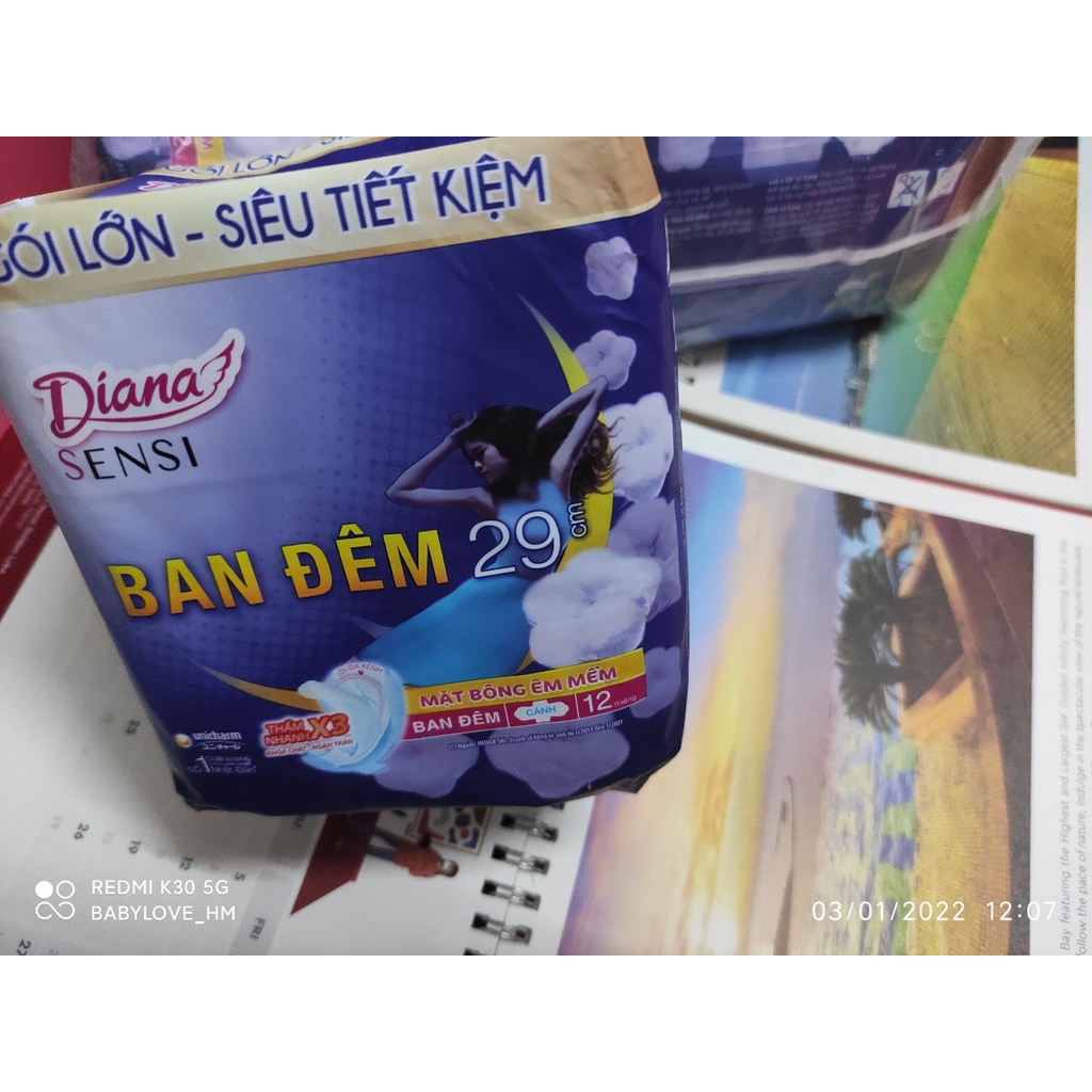 (CHE TÊN) Băng vệ sinh Diana Sensi ban đêm 29cm , gói 12 miếng