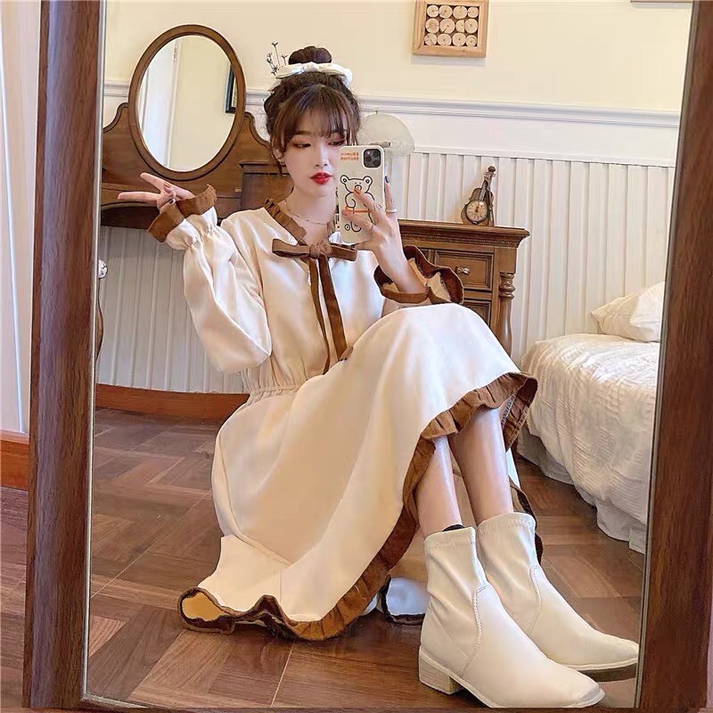 [Sẵn/ có hình thật] Đầm vintage thắt nơ dáng xoè. Váy ulzzang siêu dễ thương lolita style