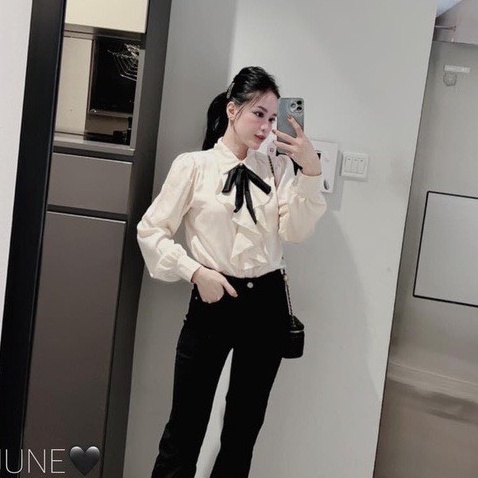 Áo sơ mi nữ NHẬT LINH áo sơ mi dài tay cổ phối bèo kèm nơ siêu xinh hàng đẹp Quảng Châu - A85