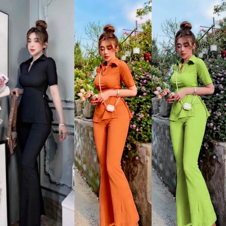 Set gân polo quần ống loe áo xẻ hông VẢI THUN GÂN