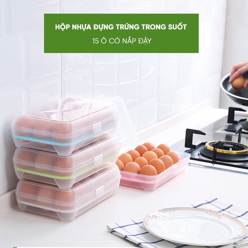 Hộp nhựa đựng trứng trong suốt 15 ô có nắp đậy ( màu ngẫu nhiên )