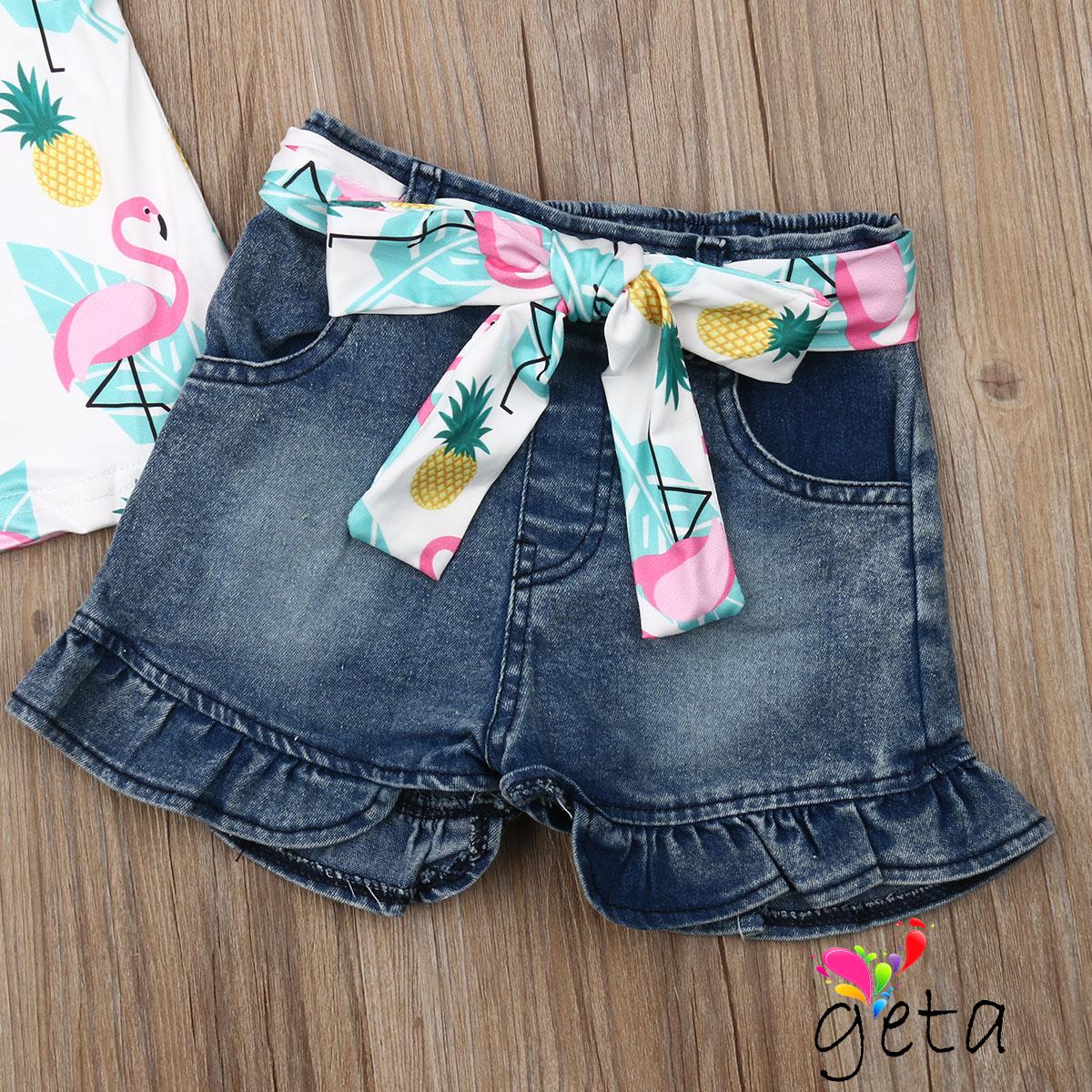 Bộ Áo Thun Không Tay Phối Bèo In Họa Tiết Hoạt Hình + Quần Short Denim Thời Trang Cho Bé Gái