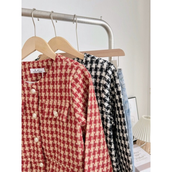 Áo dạ tweed kẻ Gingham Hàn Quốc cúc đồng Pea Store - Áo dạ dáng ngắn túi nắp Hàn Quốc (Ảnh thật)