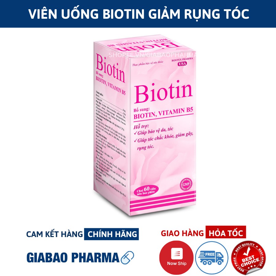 Viên uống Biotin bổ sung Biotin và Vitamin B5 giúp giảm rụng tóc, bảo vệ da, chắc móng (Hộp 60 viên)