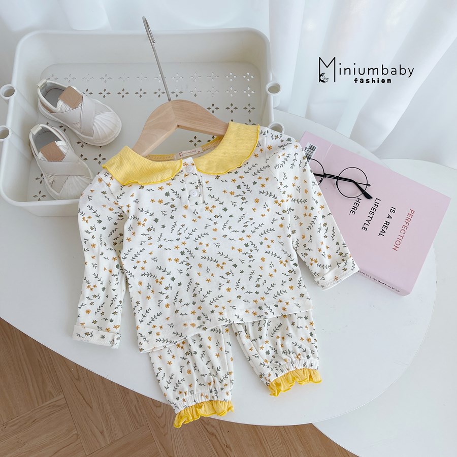 Bộ đồ dài/ cộc tay quần dài thu đông cho bé gái cổ bèo chất liệu 100% cotton, set quần áo trẻ em MiniumBaby-SB1302