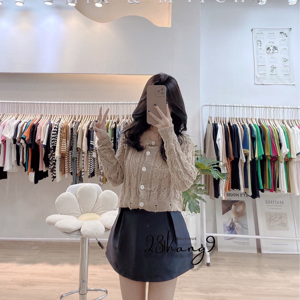 Áo len nữ áo khoác len nữ dài tay cổ tròn khuy trước cardigan màu đen màu trắng phong cách hàn quốc ulzzang 23thang9