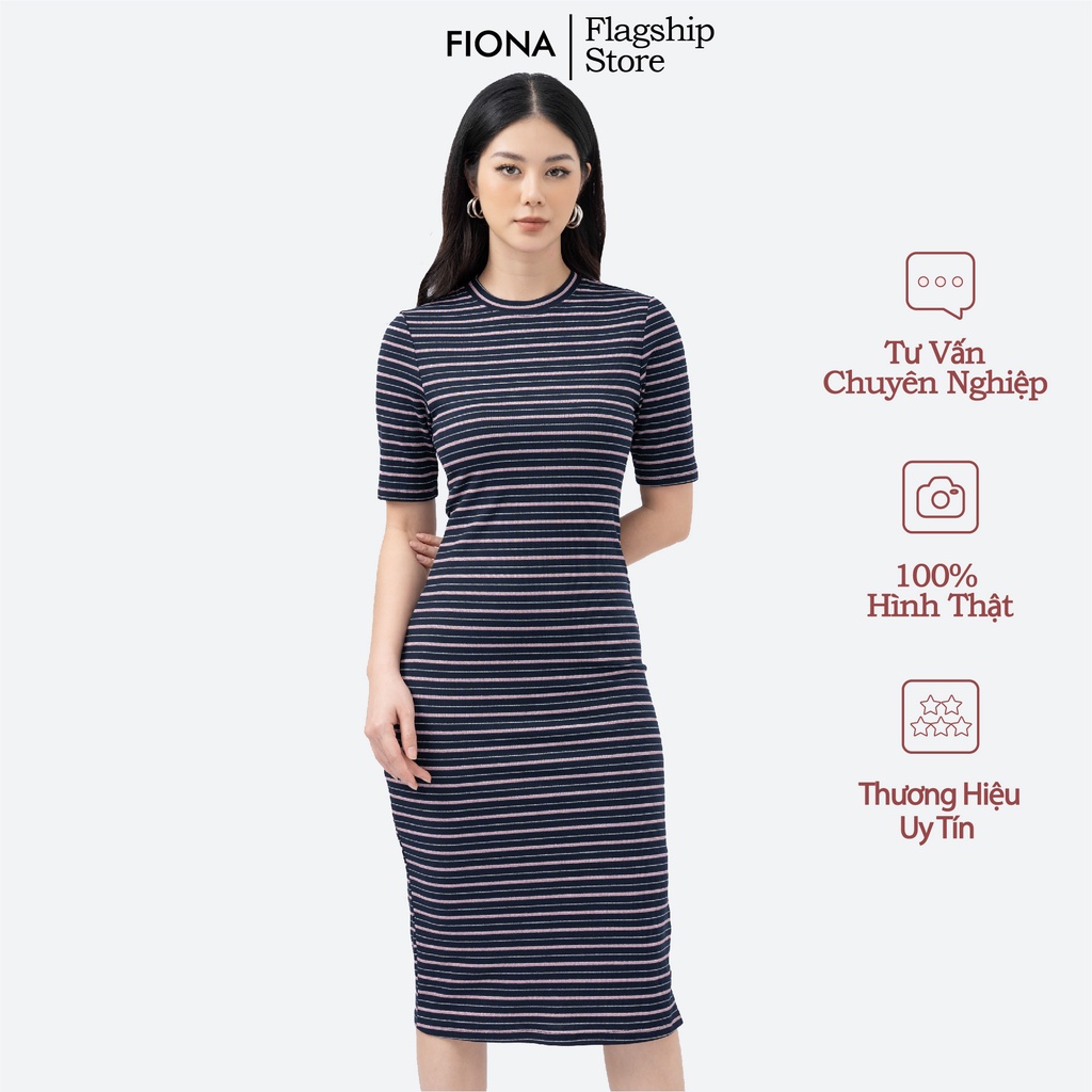 Đầm nữ cotton dáng ôm, dài qua gối cổ tròn, tay ngắn FIONA  F421233