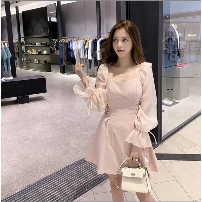 Đầm hồng rút dây eo tay dài Ulzzang