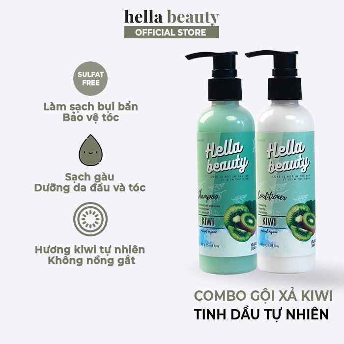 Bộ Dầu Gội Xả Sạch Gàu Kiwi 180g Hella Beauty Cho Tóc Tẩy Nhuộm Kháng Khuẩn Da Đầu Dưỡng Mượt Bồng Bềnh - Combo 2 chai