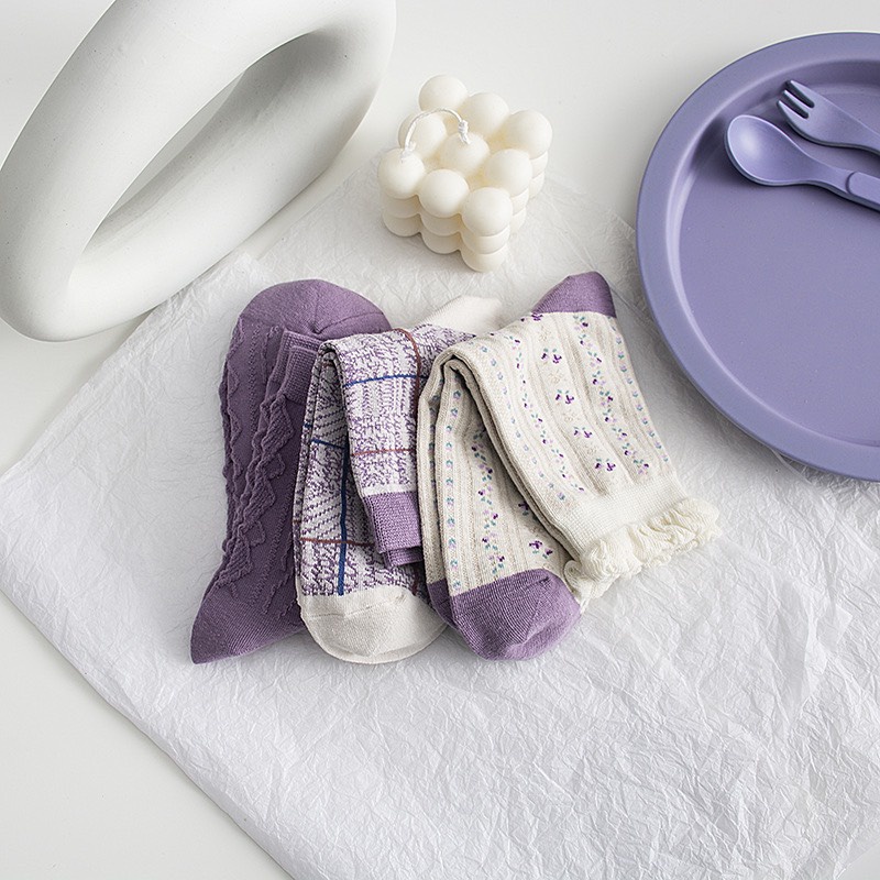 Set 5 đôi tất cổ cao Bivota vớ nữ hàn quốc hoạ tiết tím nhẹ nhàng T84
