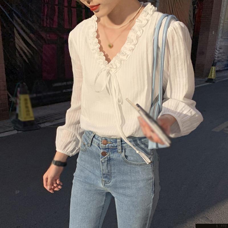 Áo sơ mi nữ tay dài cổ chữ V màu sắc ngọt ngào