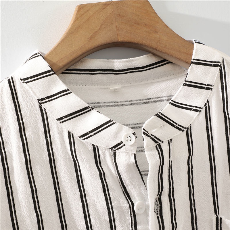 Áo Thun Ngắn Tay Cổ Đứng Dáng Rộng Họa Tiết Kẻ Sọc Thời Trang Mùa Hè Nhật Bản