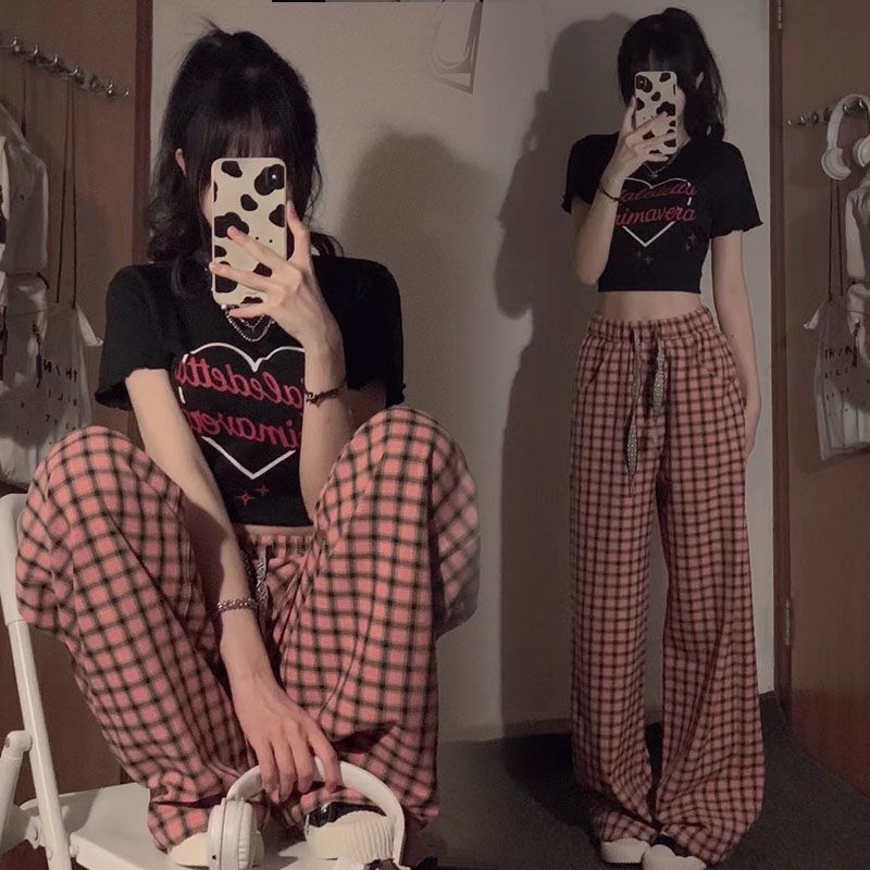 Bộ Áo Ngắn Tay + Quần Dài Ống Rộng Lưng Cao Kẻ Caro Đen Hồng Thời Trang Mùa Hè Cho Nữ