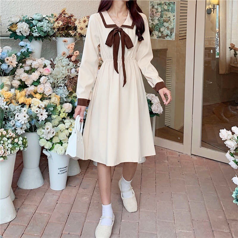 (New) VÁY MAXI NỮ THẮT NƠ PHỐI TAY Ulzzang - ĐẦM POLO CỔ BẺ THỦY THỦ TRẮNG ĐEN