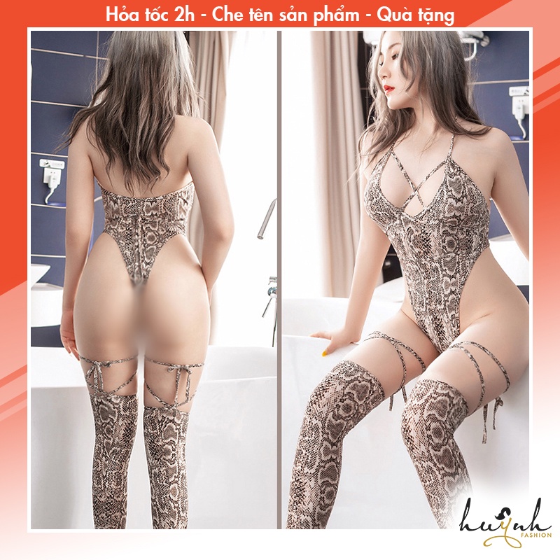 Bộ Đồ Lót Liền Thân Bodysuit Da Rắn Trăn Kèm Tất Qua Gối Đan Dây Sexy - B23