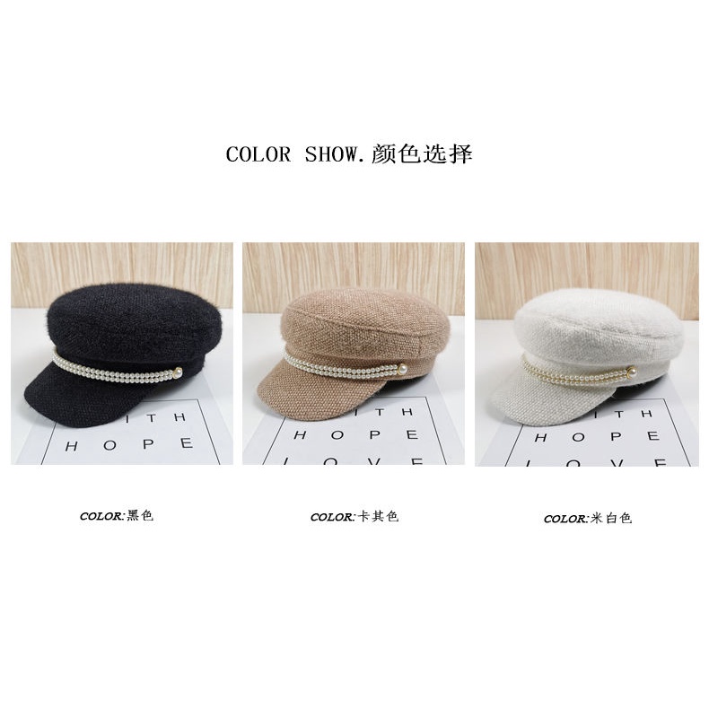Mũ Beret Nhung Lông Chồn Màu Be Đính Ngọc Trai Vành Nhỏ Thời Trang Thu Đông Cho Nữ