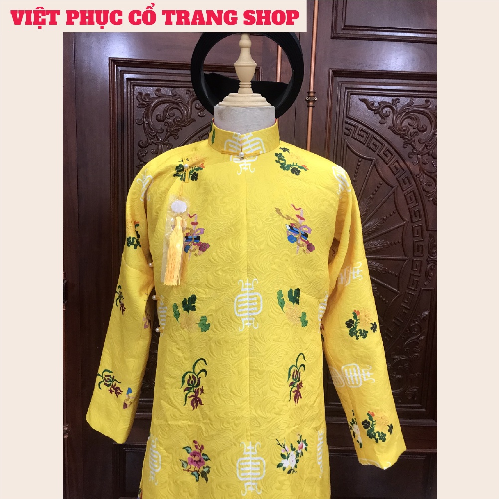 Áo ngũ thân tay chẽn nam vải gấm cao cấp in hoa văn, áo cổ phục nam thời nhà nguyễn | Việt Phục Nguyên An