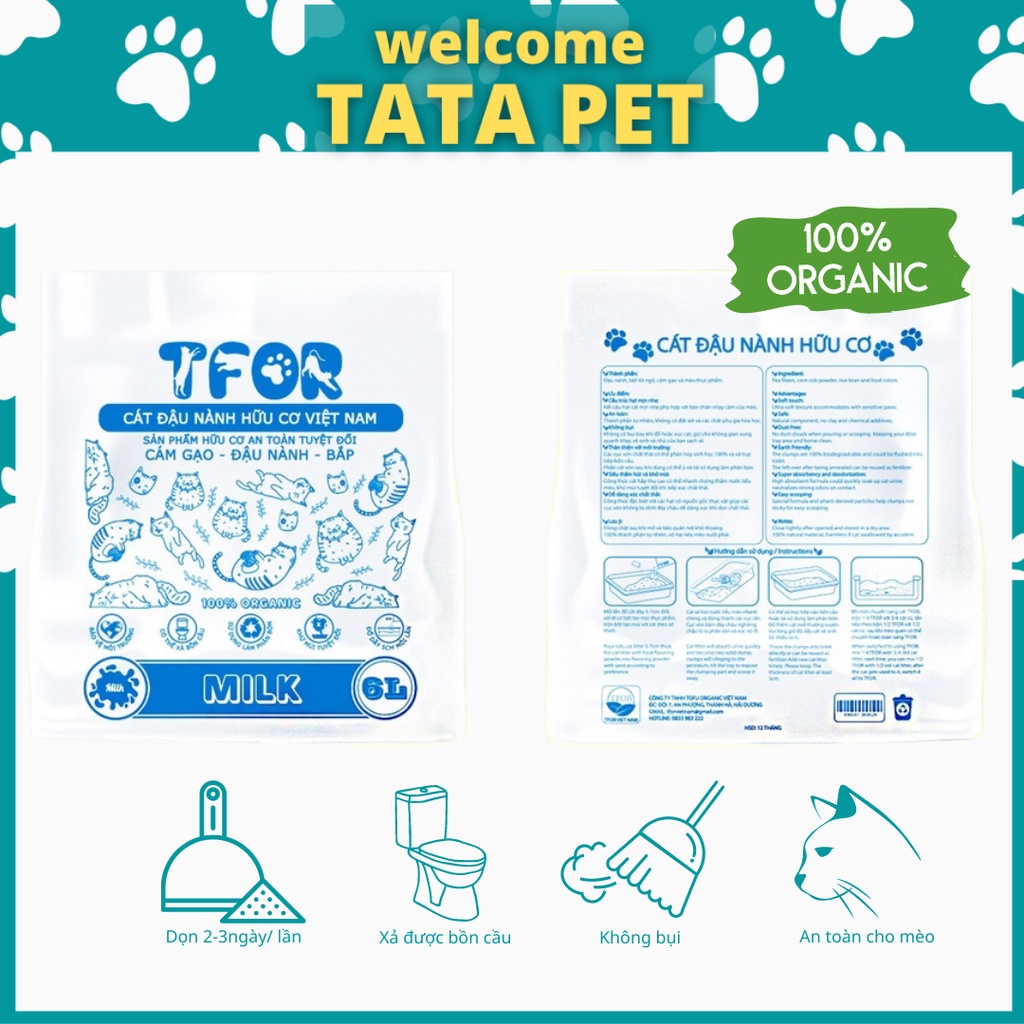 Cát vệ sinh cho mèo_cát đậu phụ TFOR 6L_cát hữu cơ_cát đậu nành_cát tofu_6L MÙI SỮA TATAPET