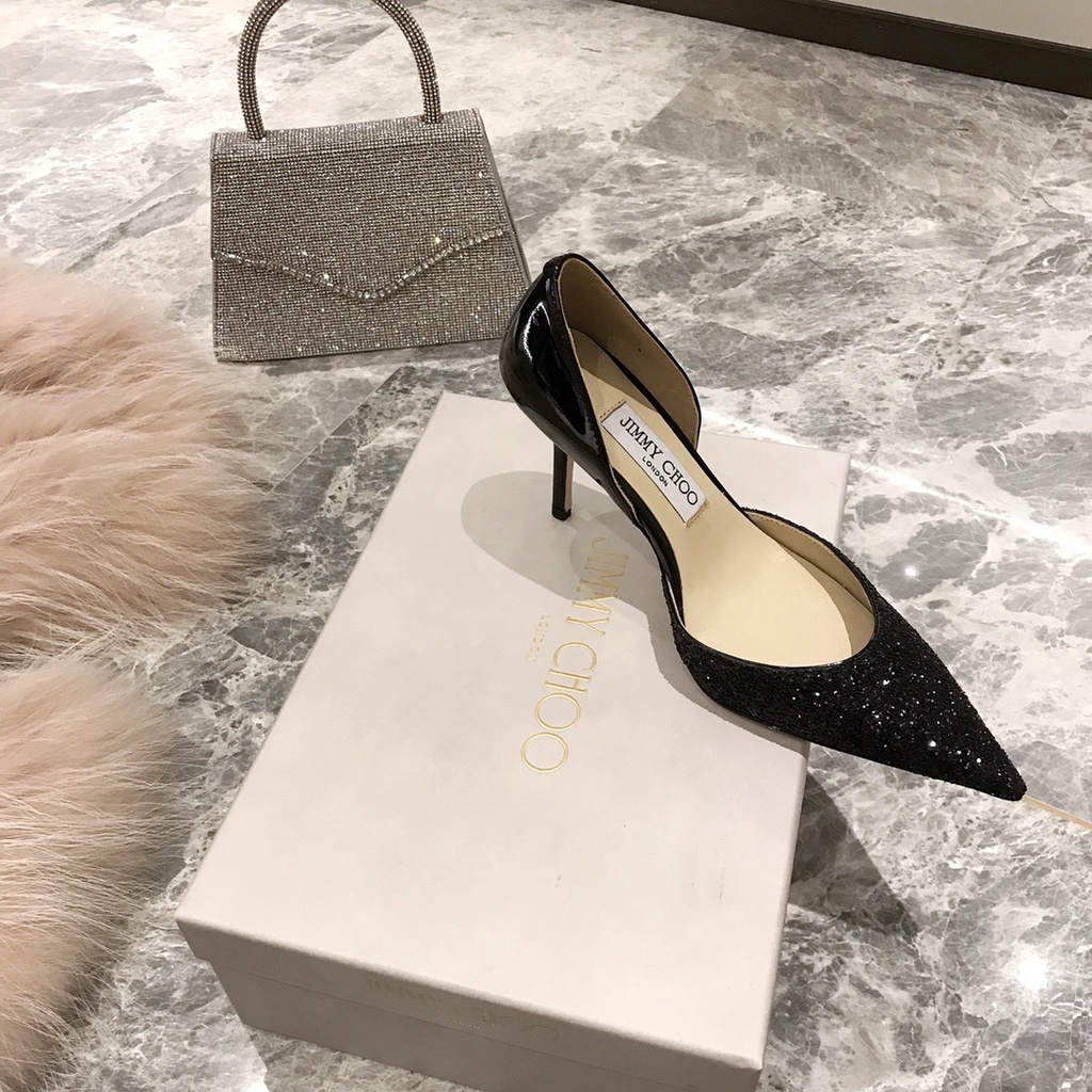 Jimmy Choo Giày cao gót cao 8cm bằng da bò màu đen thời trang cho nữ