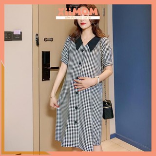 Váy bầu suông - đầm bầu công sở thiết kế màu kẻ cổ đen cộc tay size tới 100kg HD24 - Xiimom