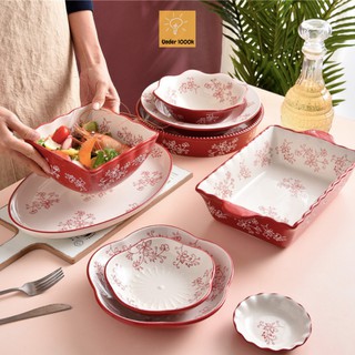 Bộ bát đĩa sứ đẹp họa tiết hoa trắng nền đỏ dễ thương Under1000k
