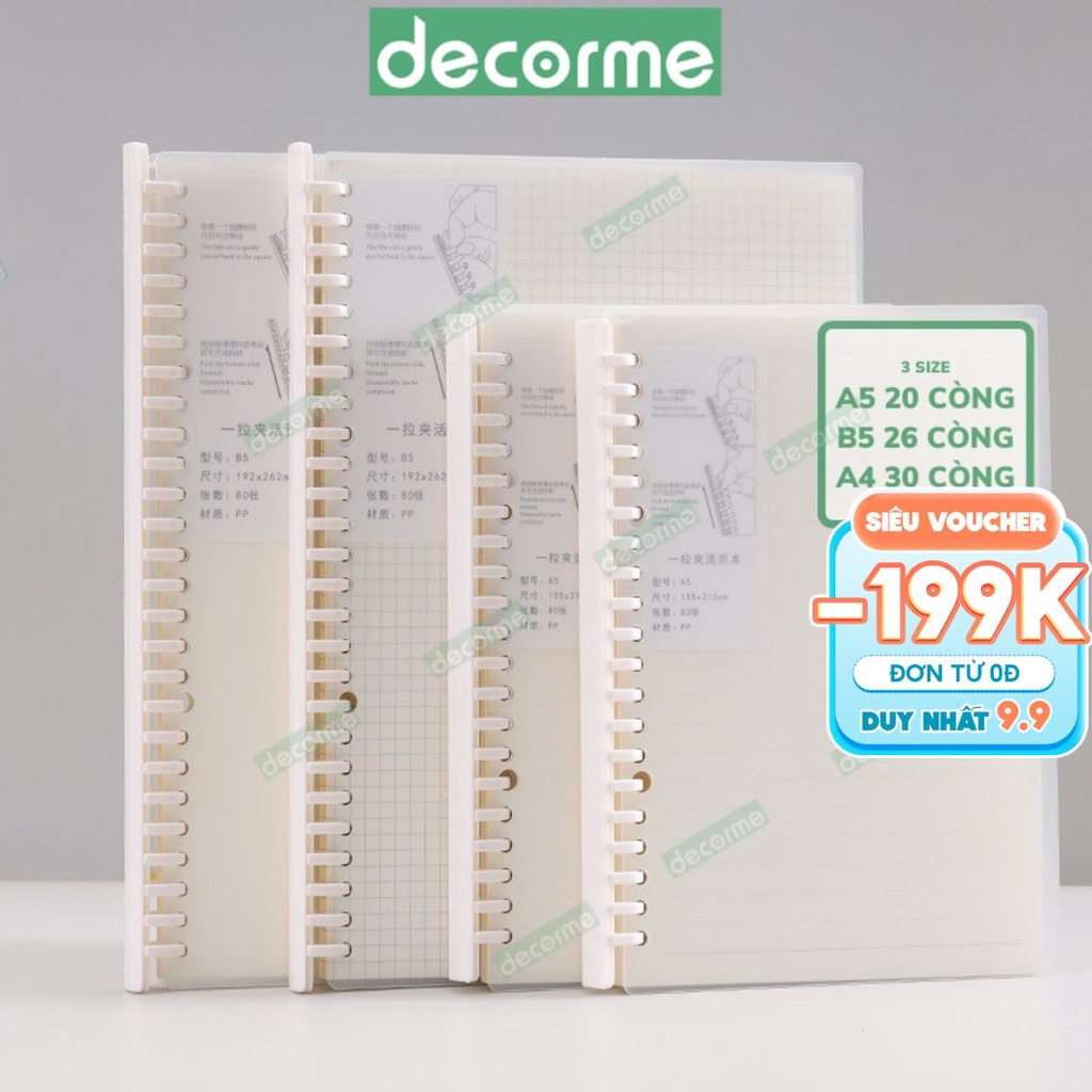 Sổ còng A4 B5 A5 DecorMe còng nhựa cứng giấy refill caro kẻ ngang có thể thay giấy
