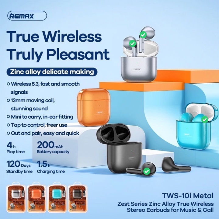 Tai nghe Bluetooth True Wireless Remax Tws-10i Metal Version V5.3 - Kết nối 2 tai độc lập, Nhỏ gọn, Vỏ kim loại