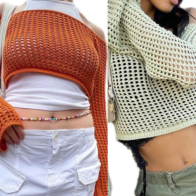 Brroa Áo Sweater Dệt Kim Siêu Ngắn Khoét Rỗng Màu Trơn Cổ Điển Cho Nữ