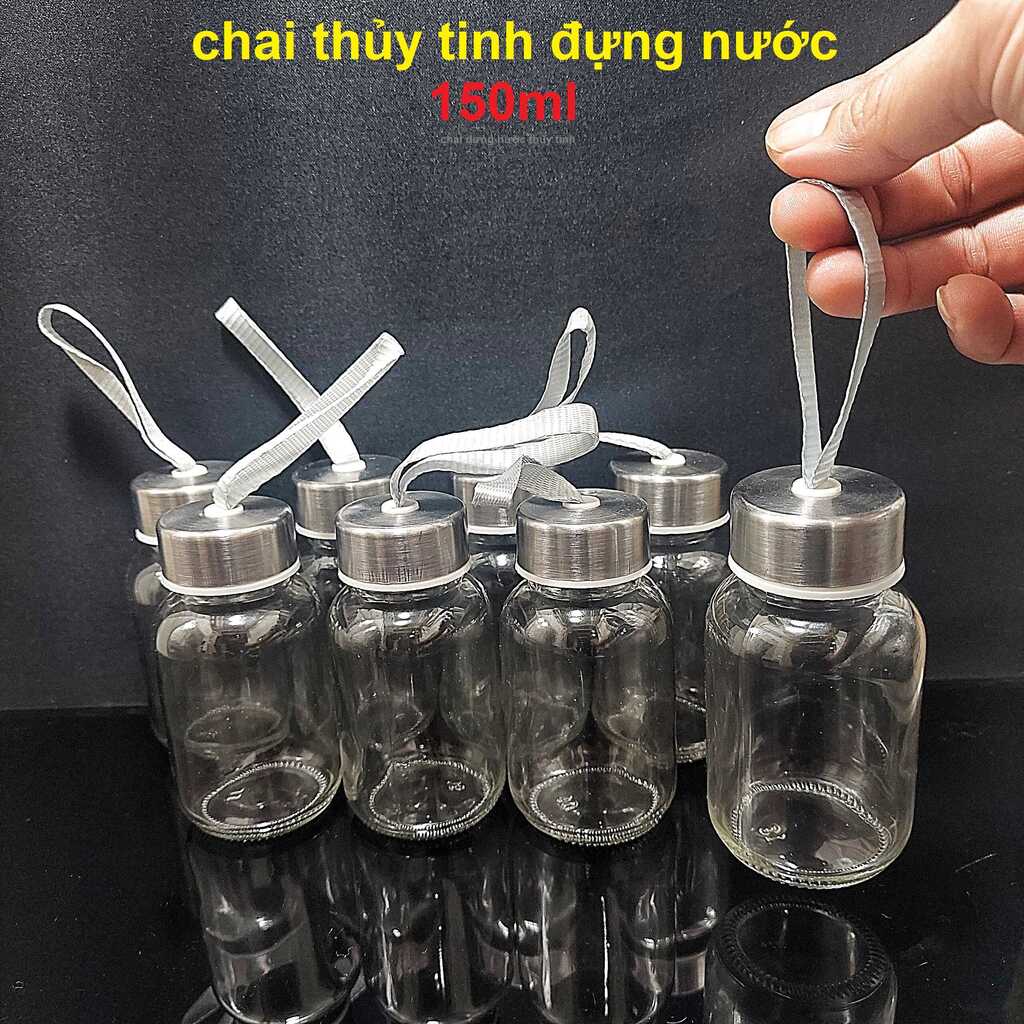 Chai Đựng Nước Thủy Tinh 150ML có dây treo  nắp thiếc vặn - Bình Thủy Tinh Đựng Nước ,sữa, trà, cafe