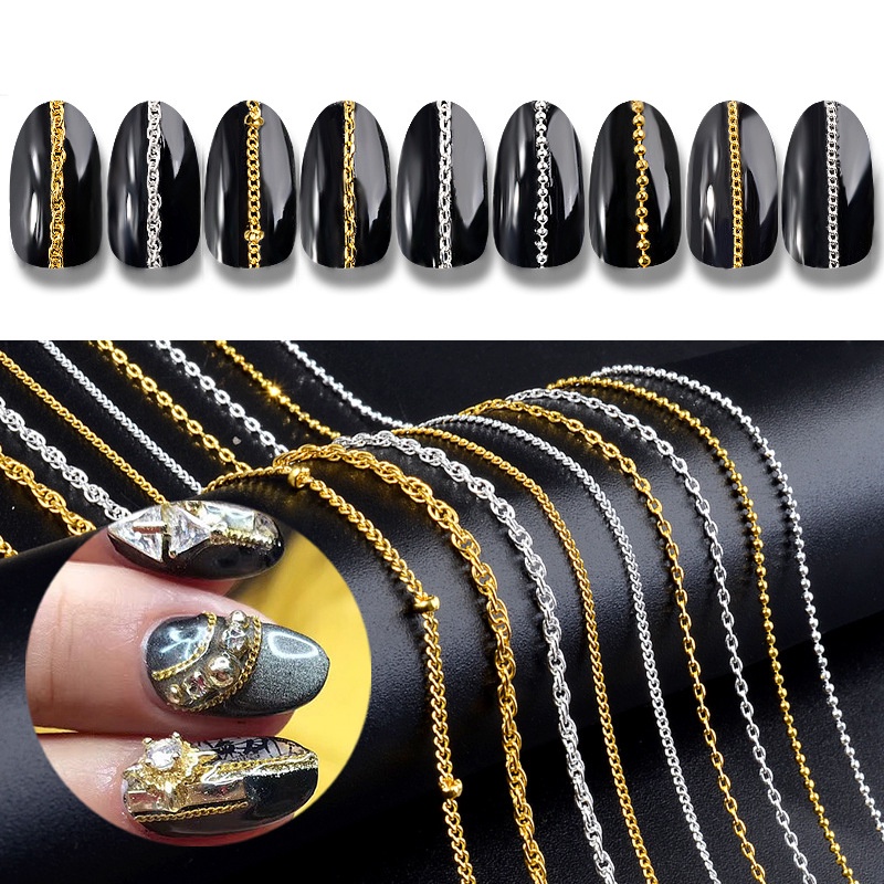 Phụ kiện chuỗi dây xích trang trí móng tay nghệ thuật ANNIES tạo hiệu ứng 3D thép màu vàng/ bạc phong cách punk
