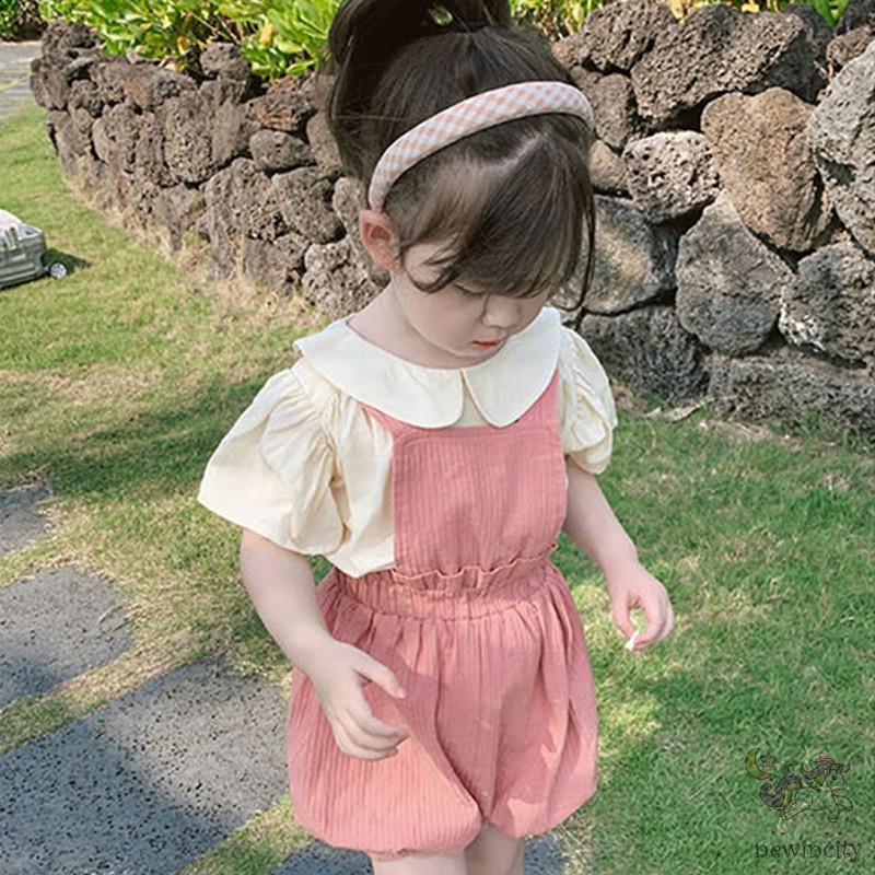 Bộ áo kiểu ngắn tay + quần yếm phong cách Hàn Quốc thời trang mùa hè cho bé gái