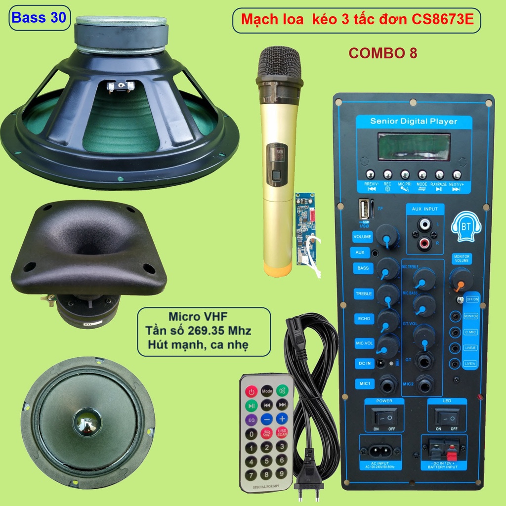 Mạch loa kéo 3 tấc đơn 3 đường tiếng CS8673E 130W LIVESTREAM - DSP lập trình chống hú, chỉnh Bass Treble Micro
