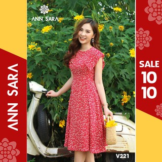 V221 - Đầm xòe tay cách điệu hoa nhí nền đỏ vải lụa trượt ANN SARA