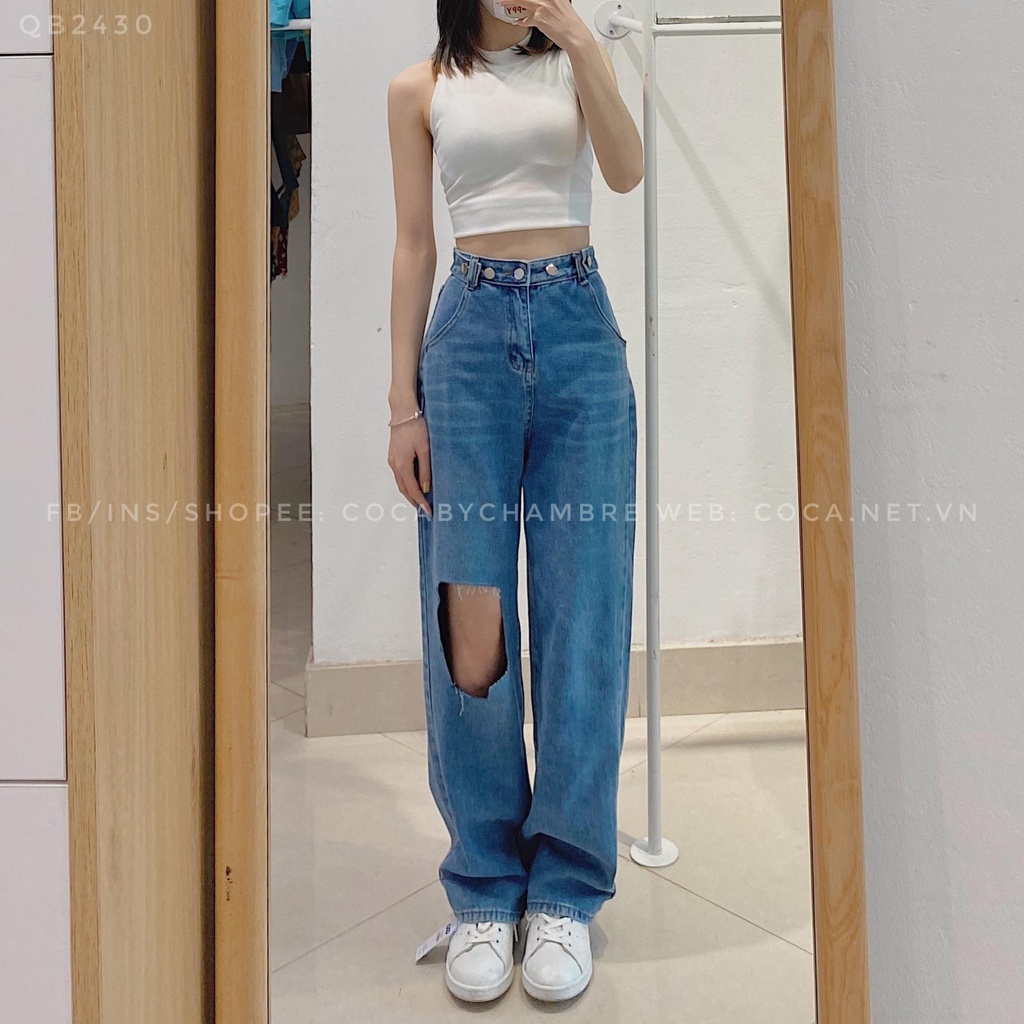 [QB2430] Quần jeans suông cạp cao nhiều cúc rách gối (Có sẵn/Ảnh thật)