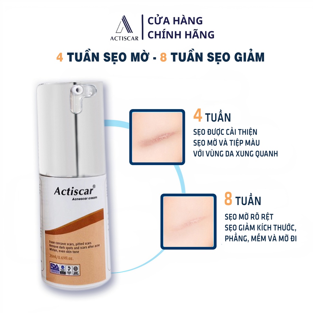 Kem xử lý sẹo Lõm, Sẹo Rỗ Actiscar 20ml hỗ trợ làm mờ sẹo rỗ, lấp đầy sẹo lõm