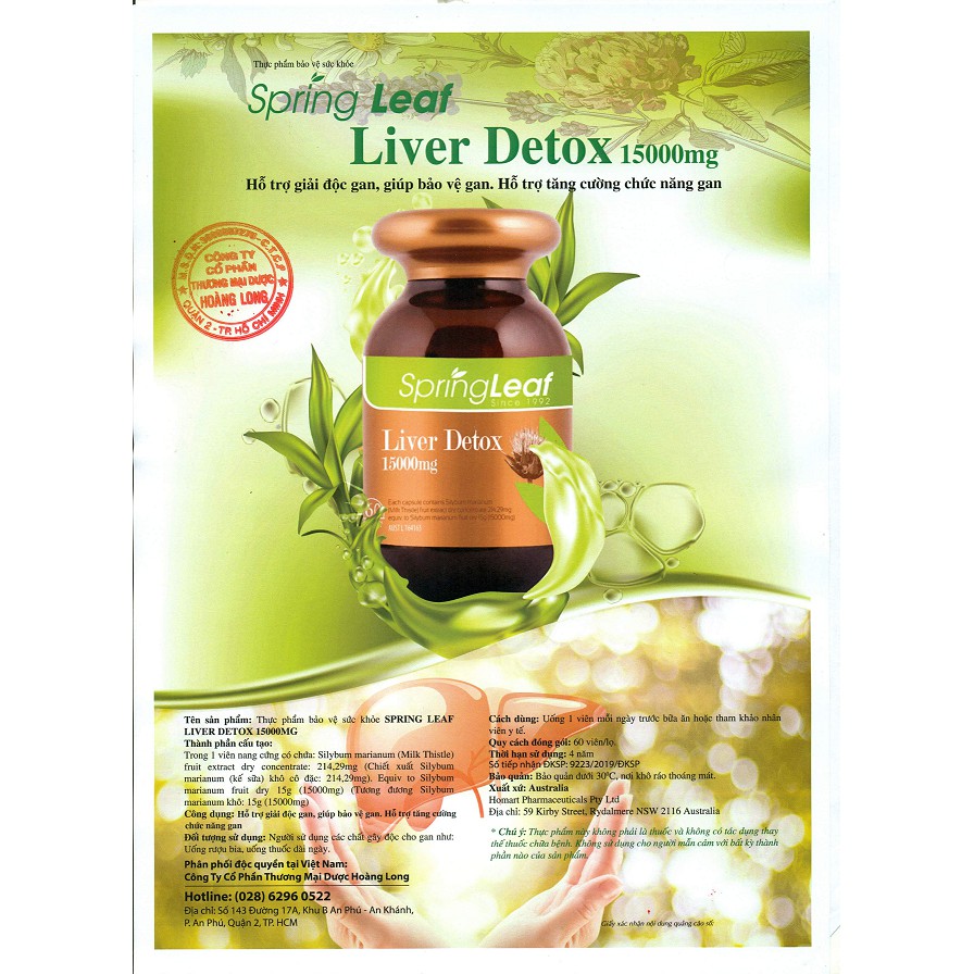 Viên uống SpringLeaf Liver Detox 15000mg – Hỗ trợ giải độc gan (lọ 120 viên)