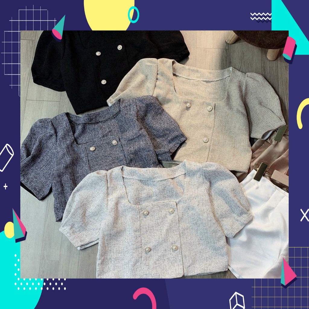 Sale Áo croptop tay phồng cổ vuông 5 nút, vải bố siêu đẹp cứng phom 11246B1 Sale
